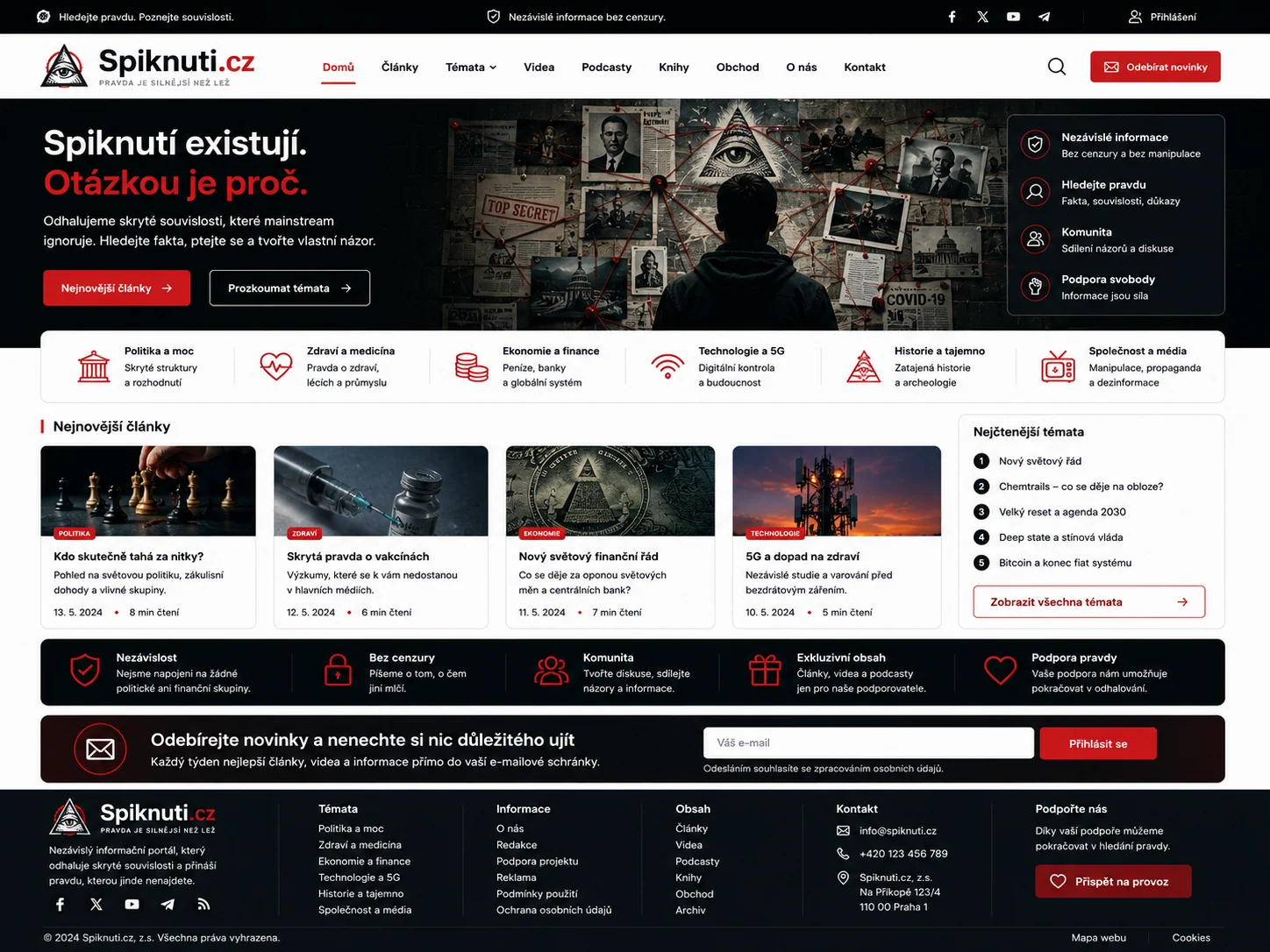 Ilustrační návrh tmavého investigativního webu Spiknuti.cz s koláží podkladů